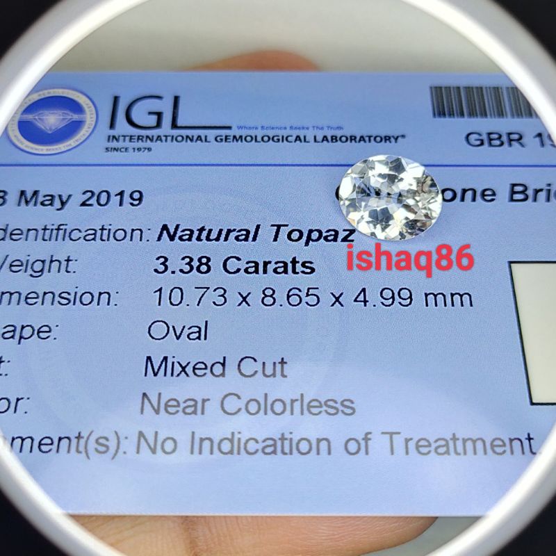 NATURAL COLORLESS WHITE TOPAZ PUTIH MEMO IGL LAB 1238