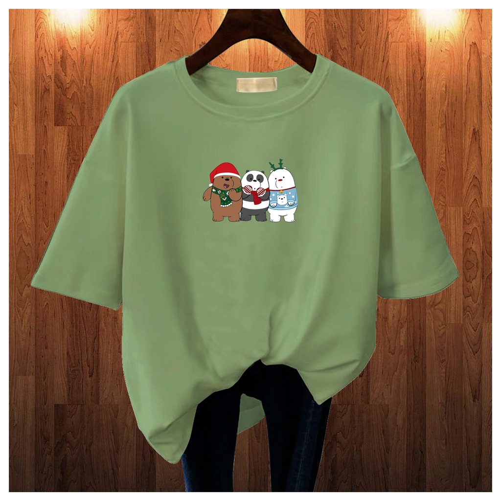 CALVIERO SHOP - BAJU KAOS ATASAN WANITA PRINT WE BEAR MERRY CHRISTMAS LOGO GALAXY PRINT