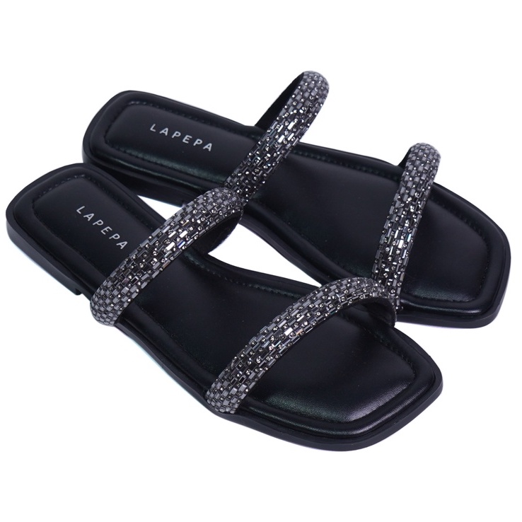 LAPEPA YUK - JASMINE Sandal Wanita Teplek Mewah Blink Kristal Size 36 - 40 Sendal Slop Flat Cewek Pergi Bling Rumahan Warna All Color Hitam Black Silver White Putih Selop Premium 37 38 39 Perempuan Kekinian Terbaru Shoes ORI Original Mall Official Store