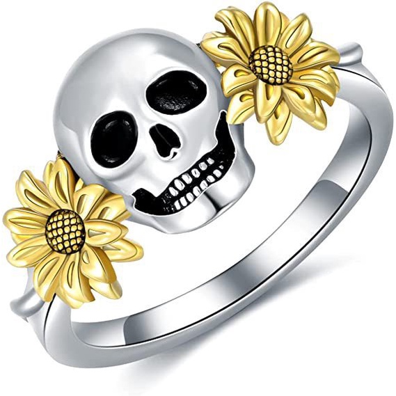 Cincin Desain Tengkorak Bunga Aster Gaya Retro Punk Eropa Amerika