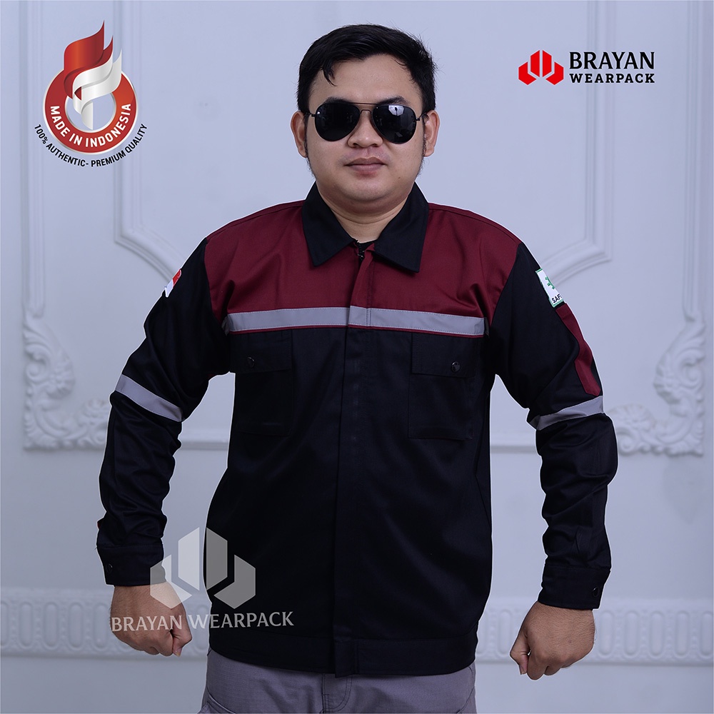 Wearpack Safety Lengan Panjang Hitam Maroon - Baju Kerja Kemeja Sefty K3 American Drill