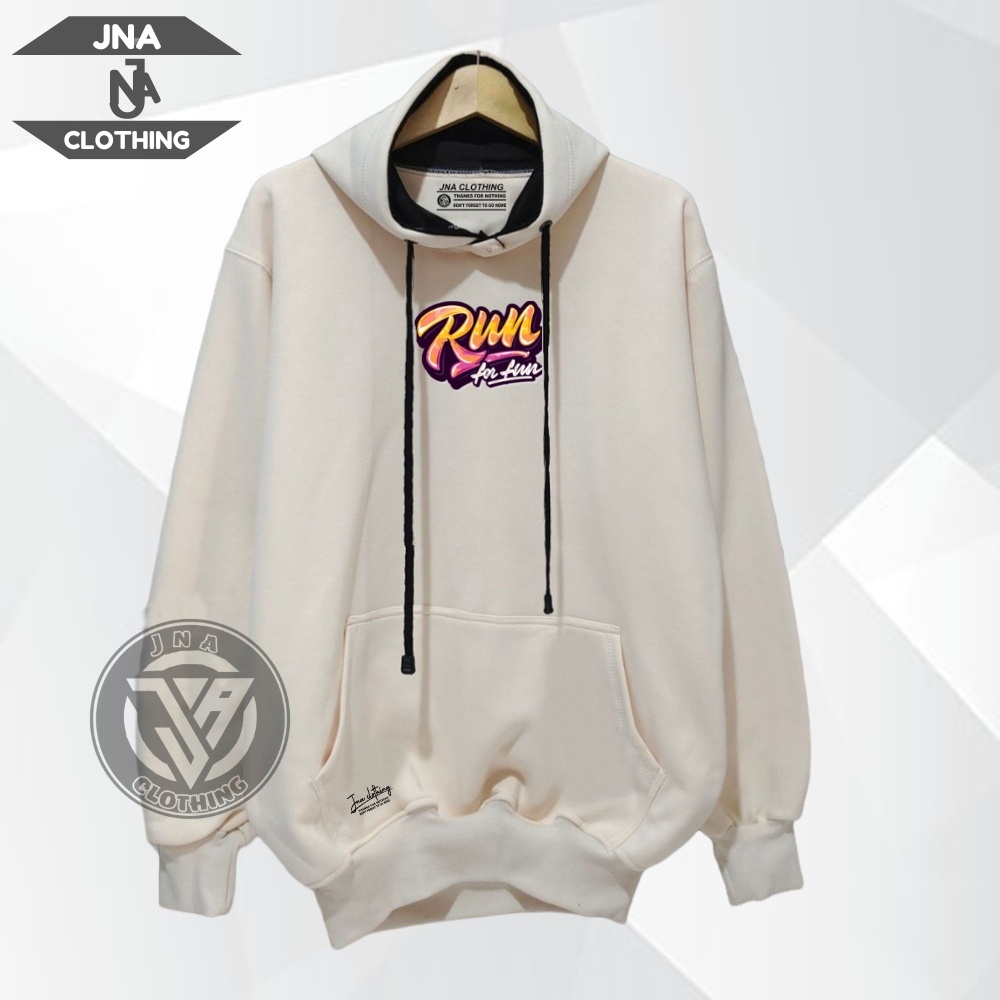 Hoodie Pria Viral Best Seller Terbaru Terpopuler Switer Cream List RUN FOR FUN Fleece Tebal Lembut Oversize Jaket Cowo Cewe Ori Brand JNA Bandung