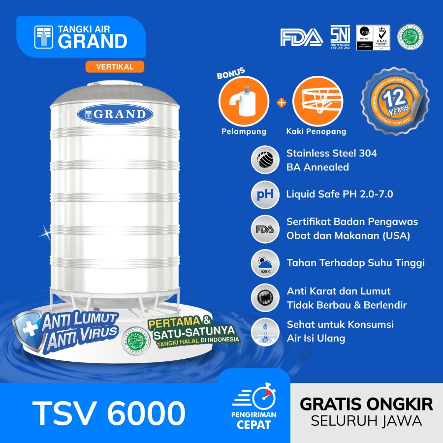 Toren Tandon Tangki Air Stainless Grand Type TSV 6000 Anti Lumut Garansi 12 TH Tangki Air 5700 L NEW PRODUCT