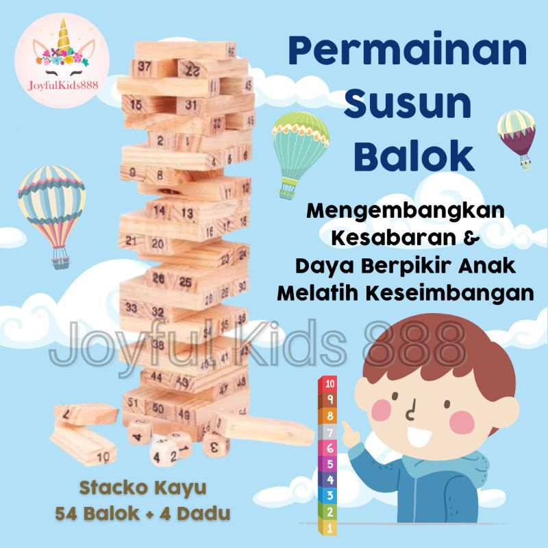 Permainan Susun Balok Keseimbangan 54 balok dan 4 Dadu Wooden Block