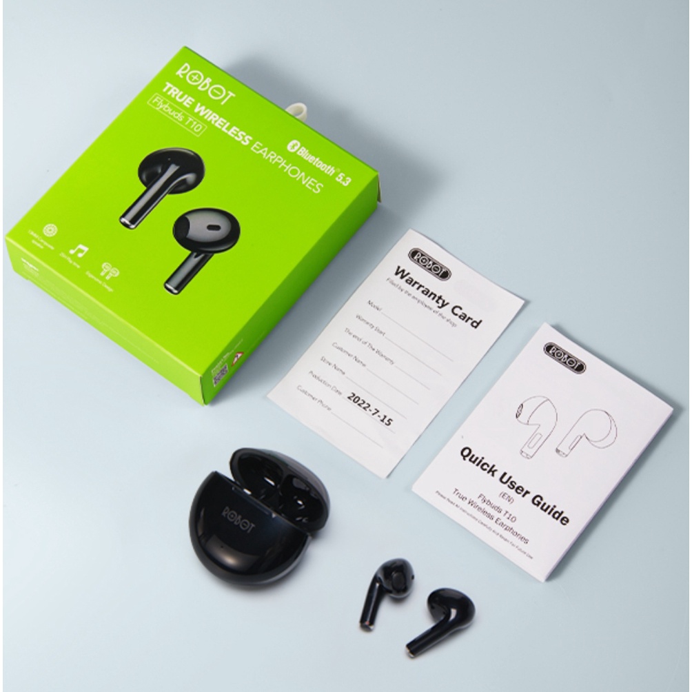 Earphone Bluetooth Robot T30 - Flybuds T10 TWS Handsfree Airbuds Wireless Headset Black