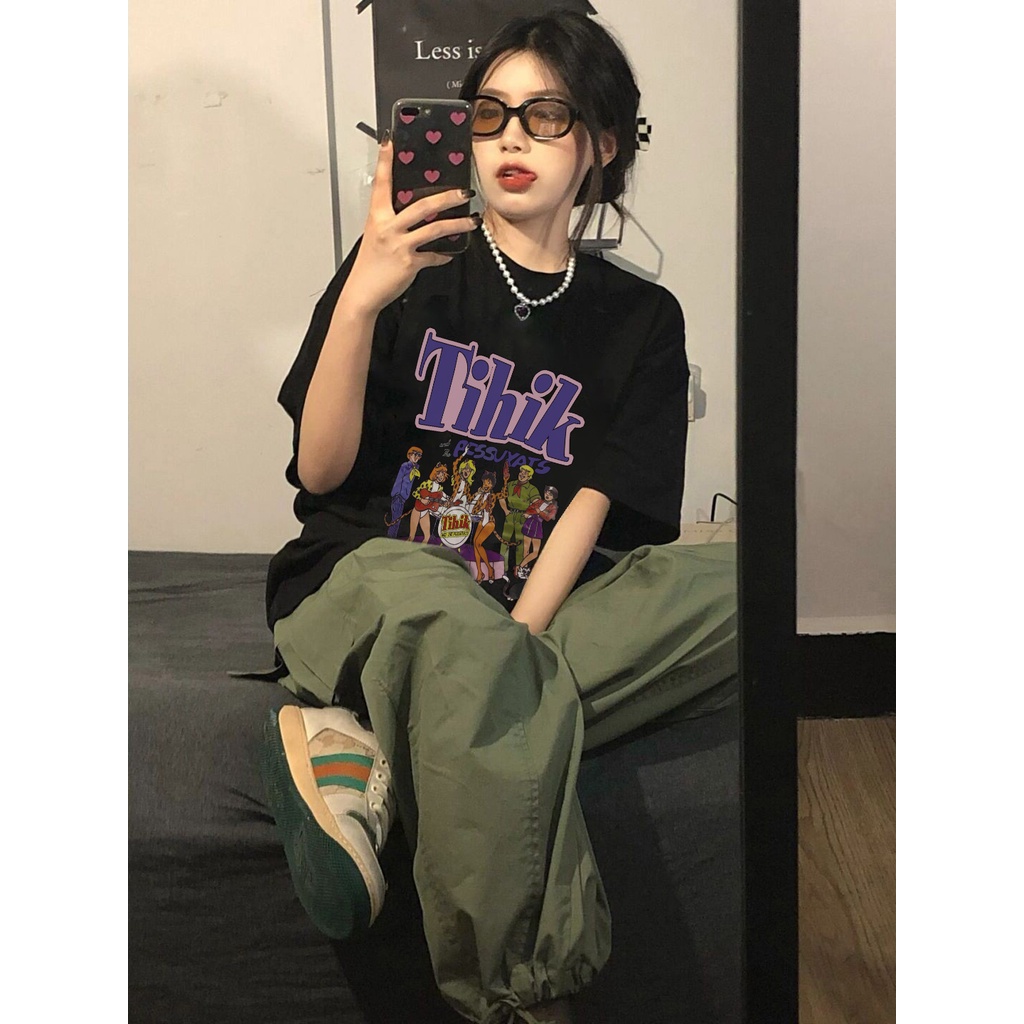 EUNII T-shirt Lengan Pendek Rasa Bahasa Inggris Pencetakan Longgar Korean Style/Kaos Atasan Wanita/Baju Kaus Oversize Wanita