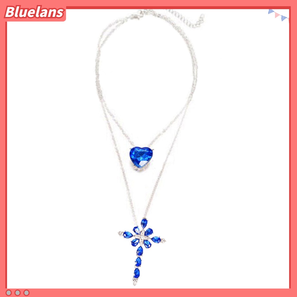 Bluelans Women Two Layer Cross Heart Full Rhinestones Pendant Necklace Chain Jewelry Gift