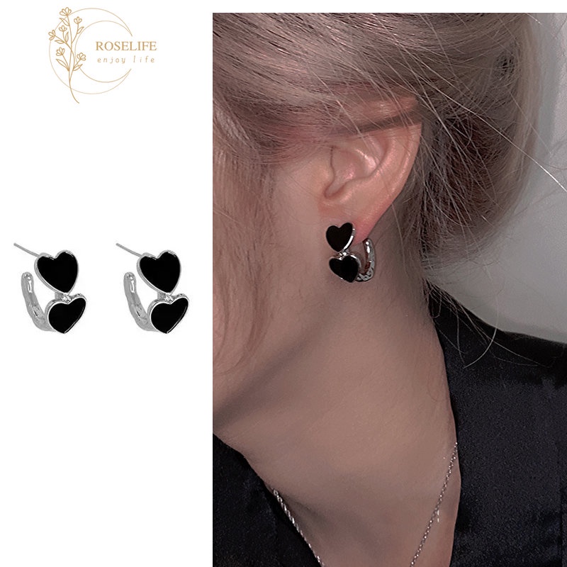 Roselife Anting Tusuk Gantung Bahan Sterling Silver 925 Desain Hati Hitam Gaya Keren / Punk Untuk Wanita