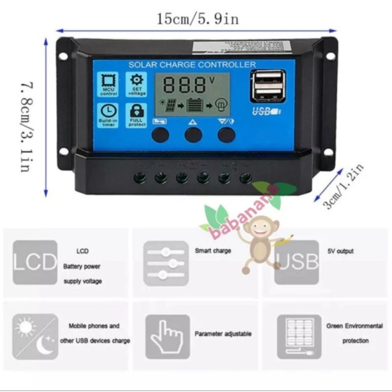 Solar Panel Charger 10A 12V 24V controller panel surya display usb