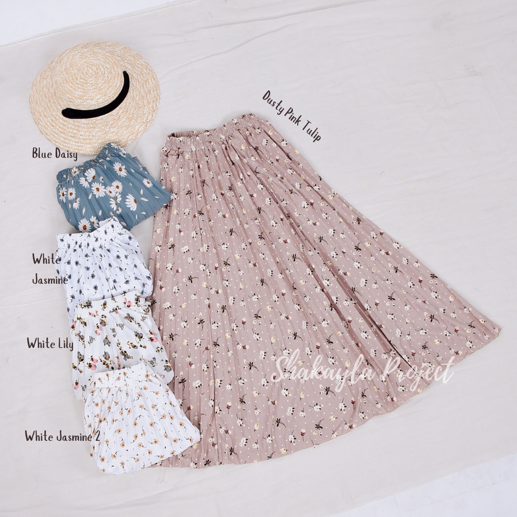 Shakayla Rok Plisket Premium Motif Bunga Daisy Lily Melati / Vintage Skirt/ Korean Skirt fit to L P90CM