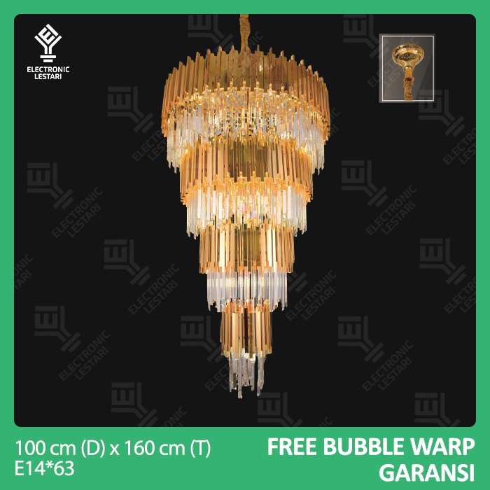 Lampu Gantung Minimalis Kristal Void Tangga Plafon Tinggi Hotel Elegan Emas 585