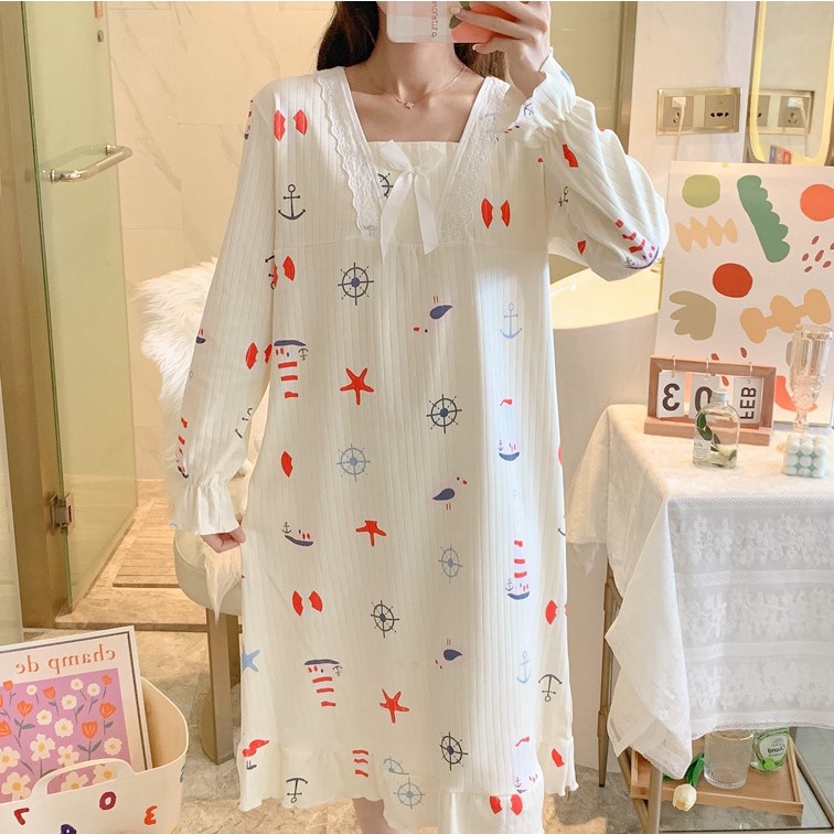 MURHOL Baju Daster Renda Lengan Panjang Besar Wanita Baju Tidur Piyama Lengan Panjang Baju Rumah