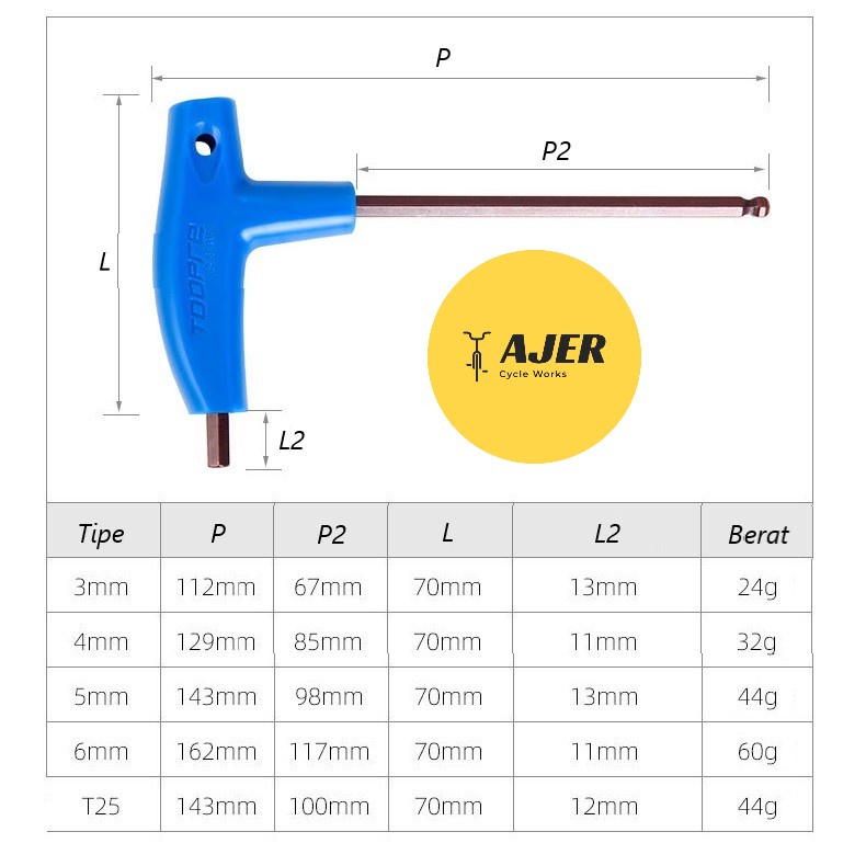 Kunci L gagang T ballpoint Allen hex key 3/4/5/6 mm T25 torx bintang bike tools sepeda