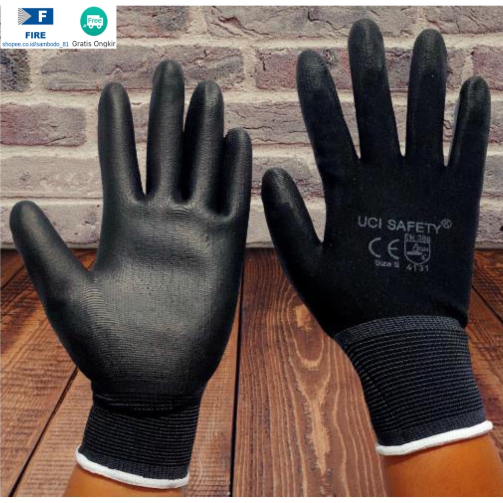 Sarung Tangan Bagunan Coating Karet Pengaman kerja Packing PU Statis Multitask Karet Palm Fit Ukuran S,M, L, XL Proyek Satpam Anti Slip Hitam Black Hand Gloves Mekanik Montir