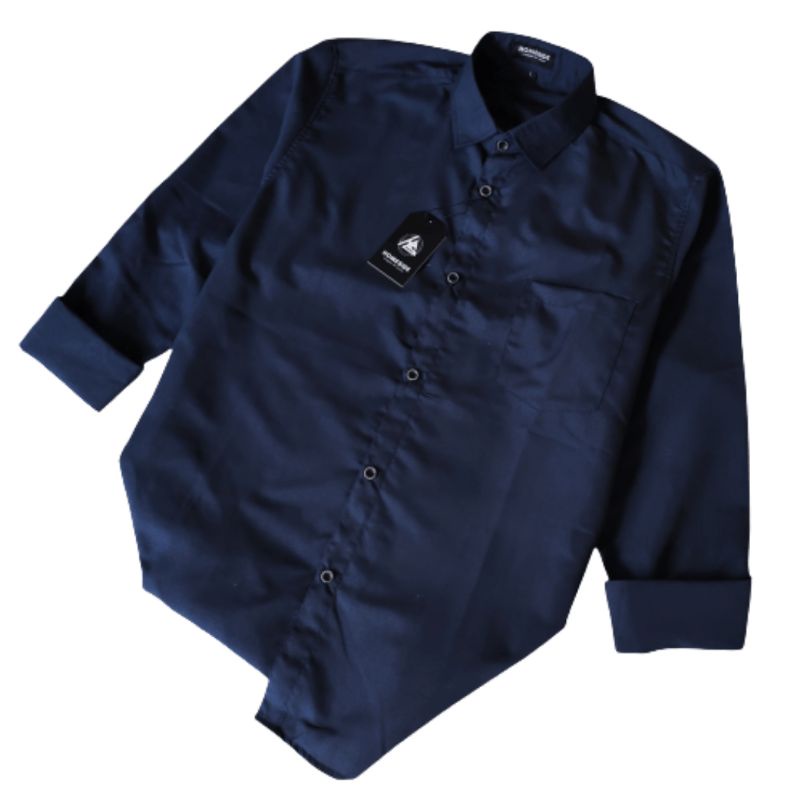 Homeside Kemeja Polos Navy Pria Lengan Panjang Hem Slimfit Casual Formal