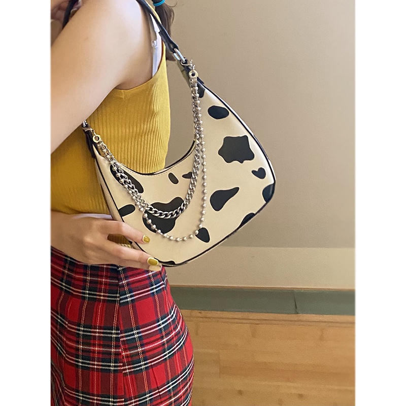 Suhao French niche bag wanita musim panas 2021 baru trendi fashion cow pattern underarm bag all-match ins chain messenger bag