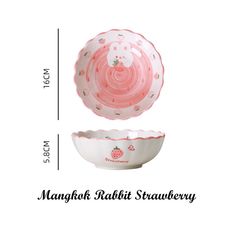 Piring/Mangkok Keramik Korea Motif Kelinci Pink Strawberry - 20cm