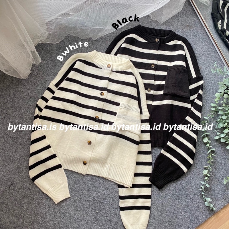 CARDIGAN RAJUT CROP KOREAN STYLE MOTIF GARIS LOLY