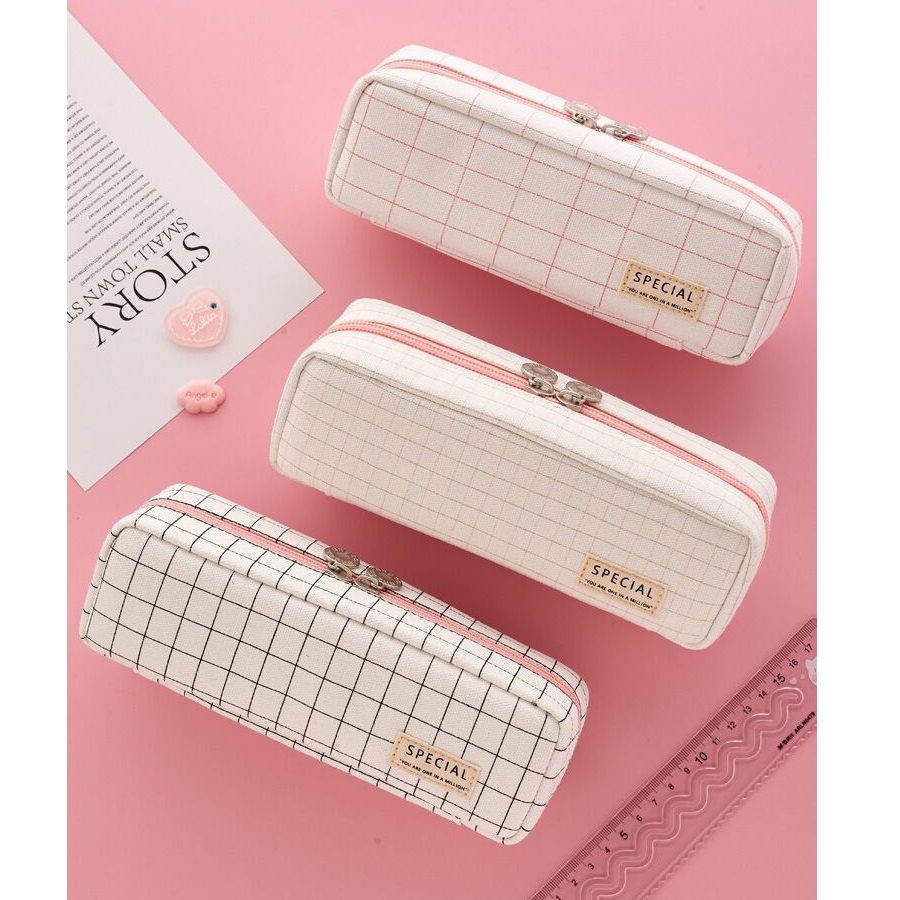 

Angoo [Plaid] Pen Bag Pencil Case, Pink Color Grid Large Capacity Organizer Storage Pouch Stationery