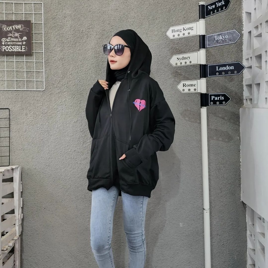 ARGOO NOS LOVE 2XL Hoodie Zipper Bigsize Wanita Oversize Jacket Sweater Kekinian Fashion Ala Korean Kasual Style