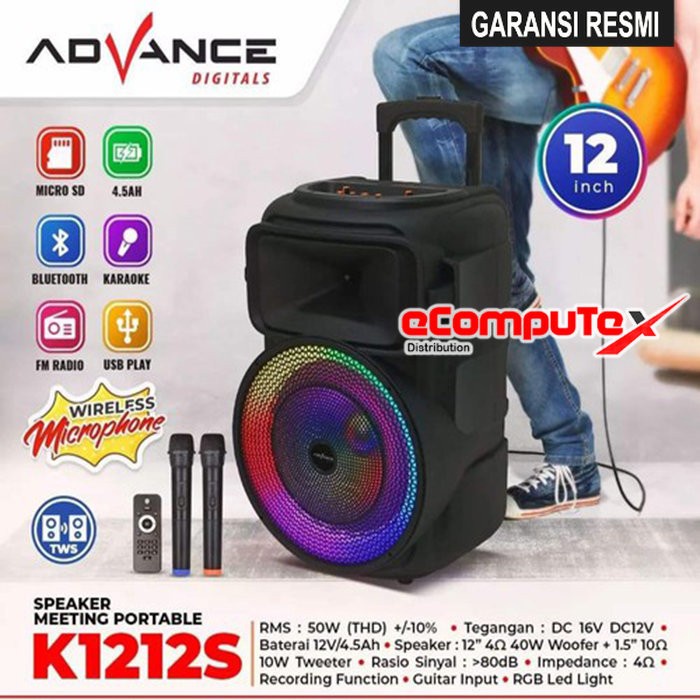 SPEAKER ADVANCE PORTABLE K-1212S K1212S BLUETOOTH 12 INCH KOPER +2 MIC WIRELESS GARANSI RESMI