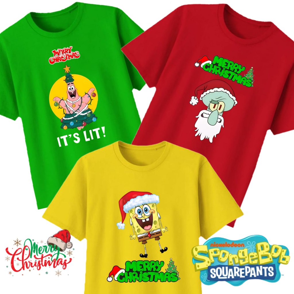 Kaos Natal Spongebob Patrick Squidward bahan Cotton untuk Bayi, Anak, Remaja, Dewasa, Big size
