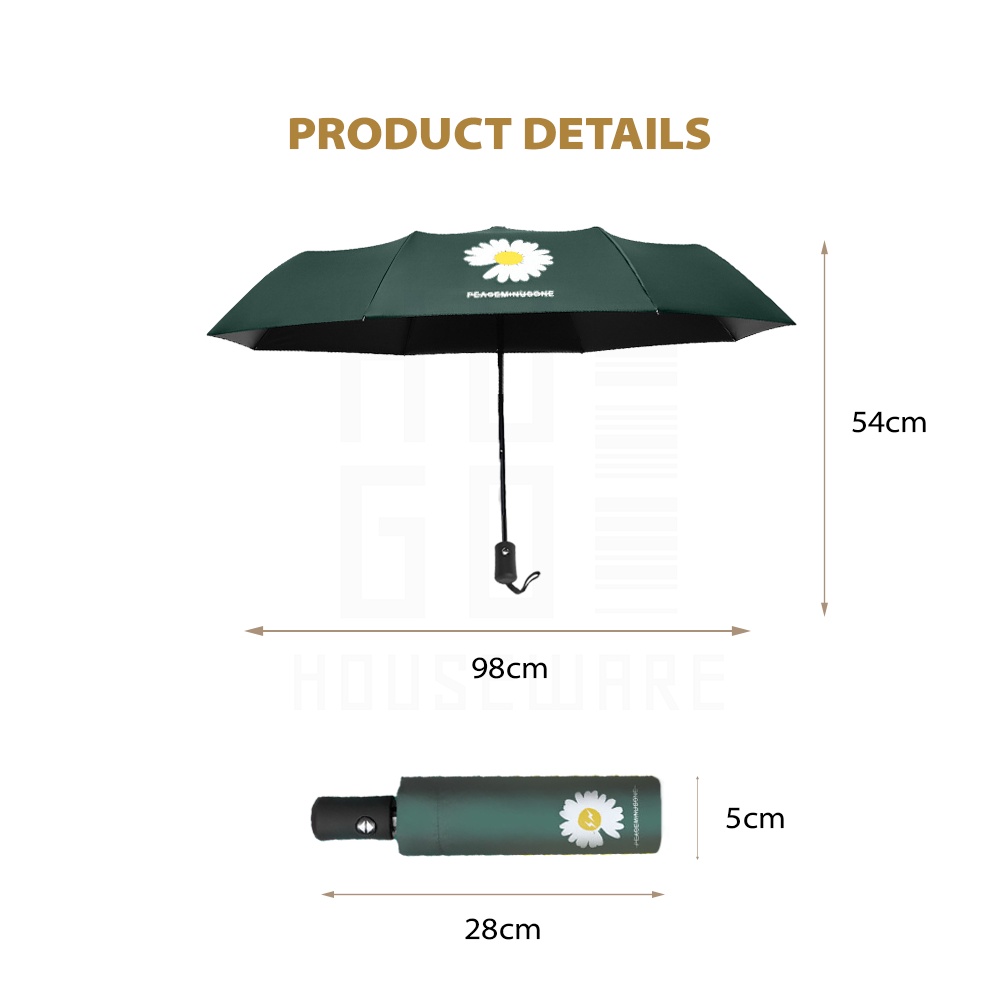 Payung Lipat Otomatis Buka Tutup Motif Daisy Anti UV Protection Rangka Fiberglass Anti Patah Premium Quality HUGO