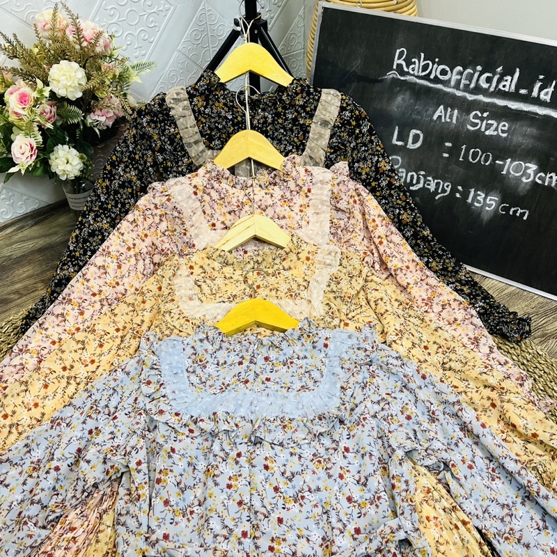 Dress/gamis Plisket bunga kecil {ceruty Premium}