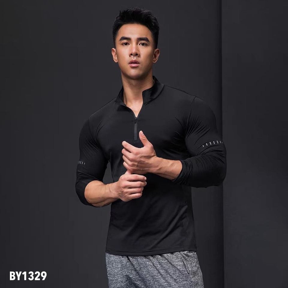 Kaos Polo Gym Pria Lengan Panjang Spandex Kerah Zipper