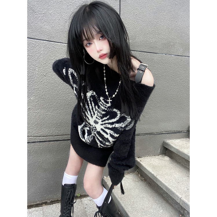 Nico##sweater rajut wanita/One-shoulder jersey top/sweater hitam/y2k##