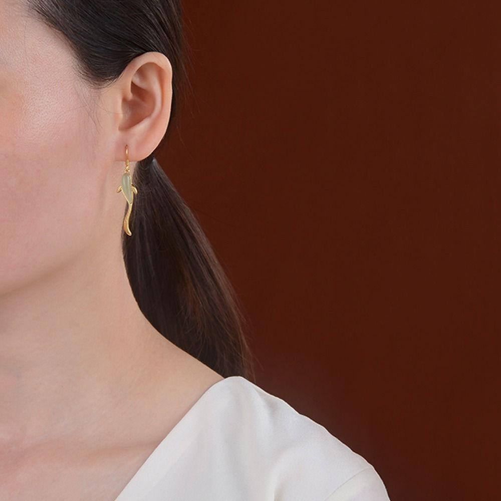 Mxbeauty Wanita Anting Menjuntai Kepribadian Geometris Gaya Niche Imitasi Giok Cahaya Gaya Mewah Bentuk Ikan Tembaga Fashion Hoop Earrings