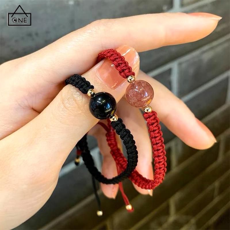 COD❤️Gelang Couple Manik-Manik Kristal Wanita Pria Tenun Pasangan Obsidian Rasa Desain Niche Temperamen Sederhana Tali Gelang Kristal-A.one