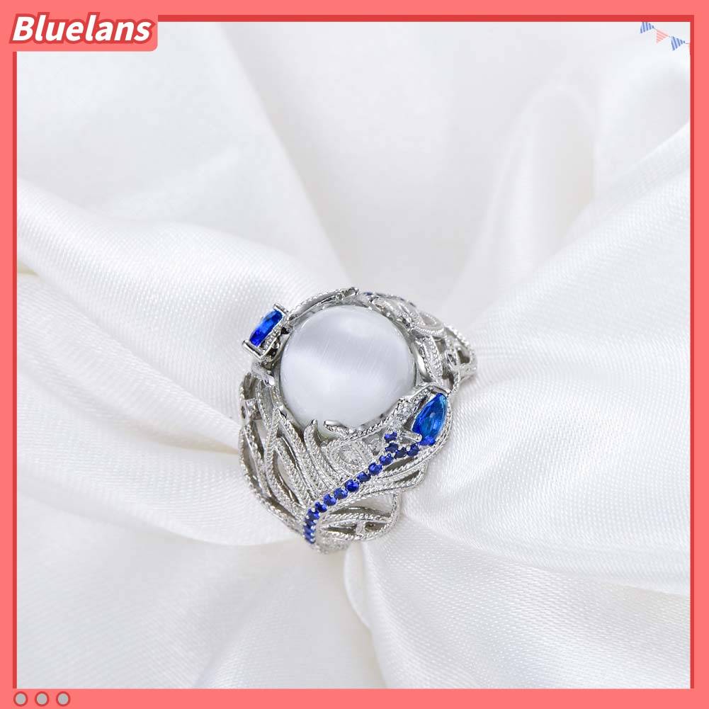 Cincin Wanita Bentuk Bulu Merak Aksen Opal Sapphire Imitasi Untuk Pernikahan