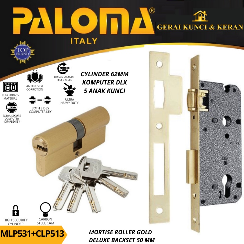 PALOMA MORTISE LOCK SET CYLINDER MLP 531 CLP 513 BODY KUNCI PELOR BACKSET 50MM CYLINDER 62MM KOMPUTER KEY GOLD