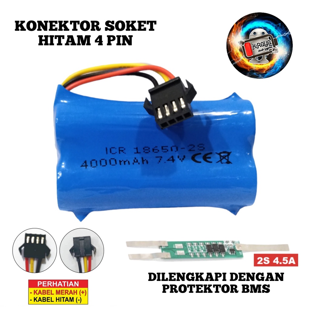 Baterai RC/ Mainan Anak/ Speaker &amp; Elektronik Lainnya 2X 18650 4000mAh 7.4V Protektor BMS 2S 4.5A SOKET HITAM 4 PIN