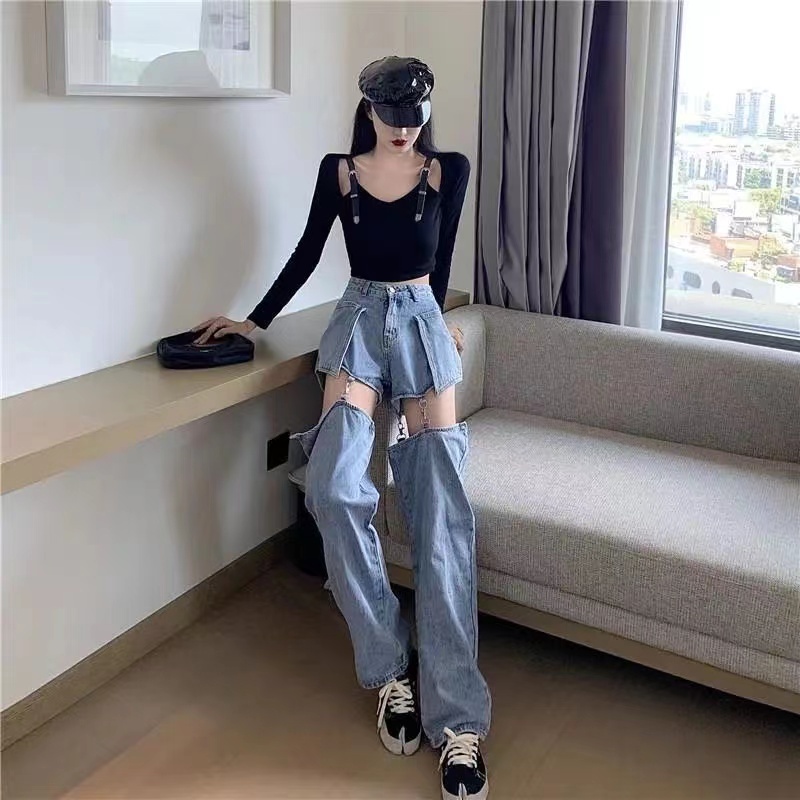 Monica Celana Jeans Wanita Straight Slip Pants Musim Semi Desain Baru Dua Arah Dilepas Celana Pendek