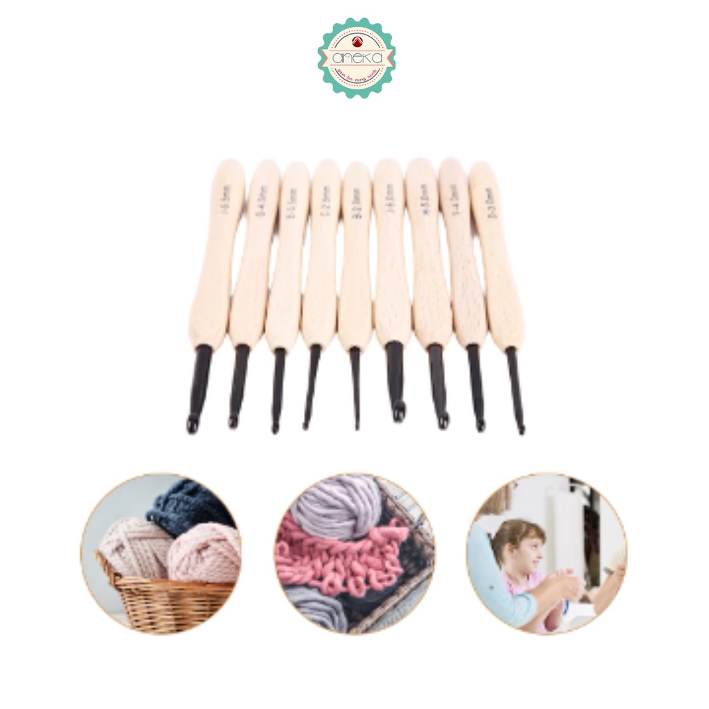 AnekaBenang - Hakpen / Crochet Hitam Gagang Kayu - SET