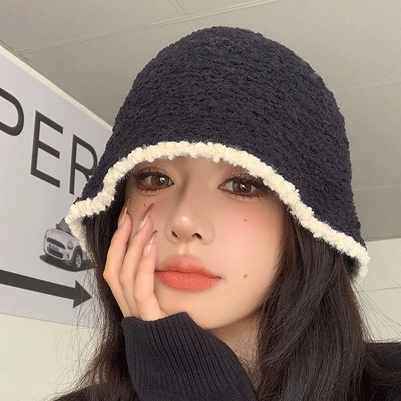 Topi Bucket Wanita Bahan Rajut Warna Polos Untuk Musim Dingin