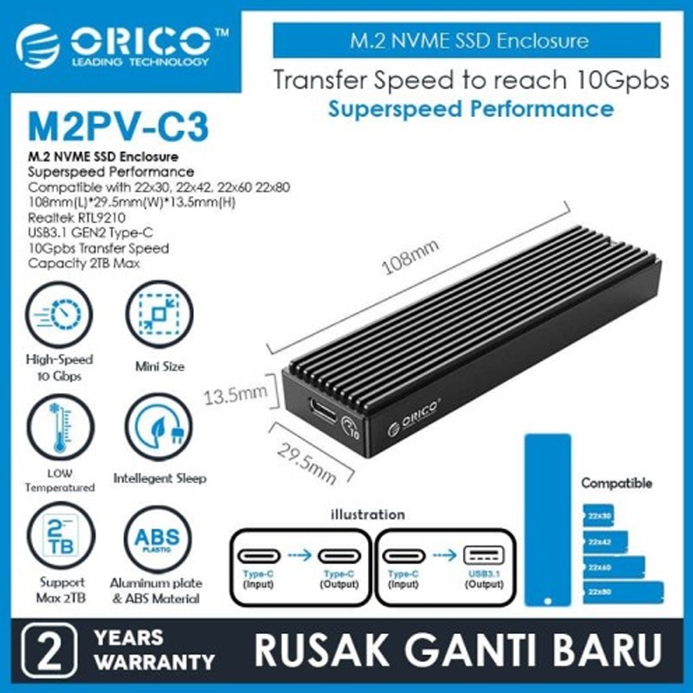 ORICO M.2 NVMe SSD Enclosure - M2PV-C3