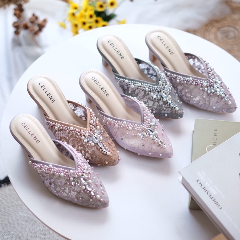 𝗖𝗘𝗟𝗟𝗘𝗡𝗘 Vlorae Beads Heels / wedding shoes sepatu pengantin payet mocca 5cm