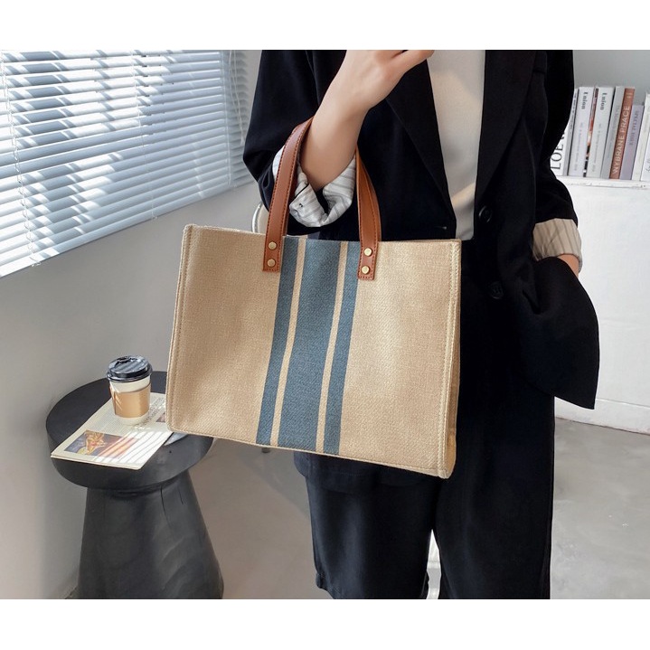 【COD】Versi Korea Tas Wanita Tas Totebag Tote Bag Kanvas Profesional Komuter Bergaris Sederhana Satu Bahu Tas Besar Di Dalam Tas Kanvas Berkapasitas Besar