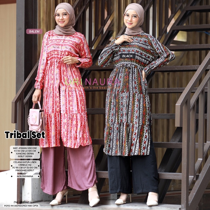 tribal set LD 110 jumbo full kancing serut - setelan tunik rayon dan celana crinkle