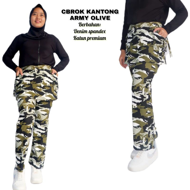 celana rok kantong senam aerobik zumba army olive bahan denim spandek katun