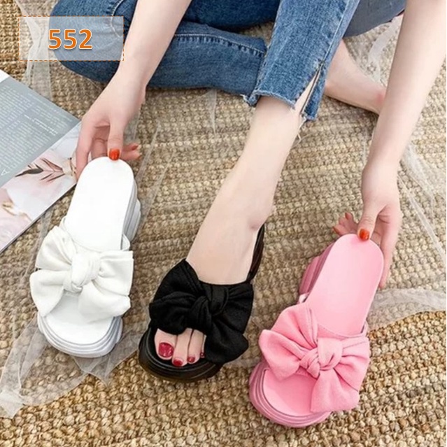 Sendal Wedges Sandal Selop Wanita Pita Tinggi Sol 5 cm Hitam Hijau Pink Putih (552)