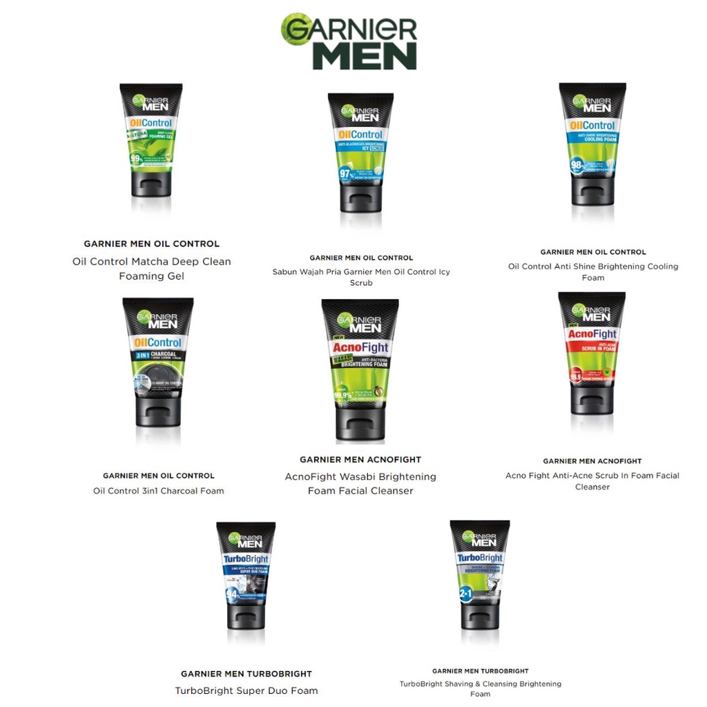 Garnier Men Facial Foam Face Wash Sabun Pembersih Oil Control Matcha, Icy Scrub, Cooling Foam, Charcoal Foam, Acnofight Wasabi Brightening, Scrub in Foam, Trubobright PowerWhite Super duo Foam, Brightening Foam