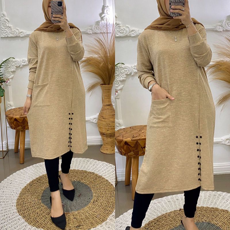 TUNIK IMPORT UNIQLO BAHAN RAJUT TEBAL MODEL KANCING BELAH SAMPING/TUNIK