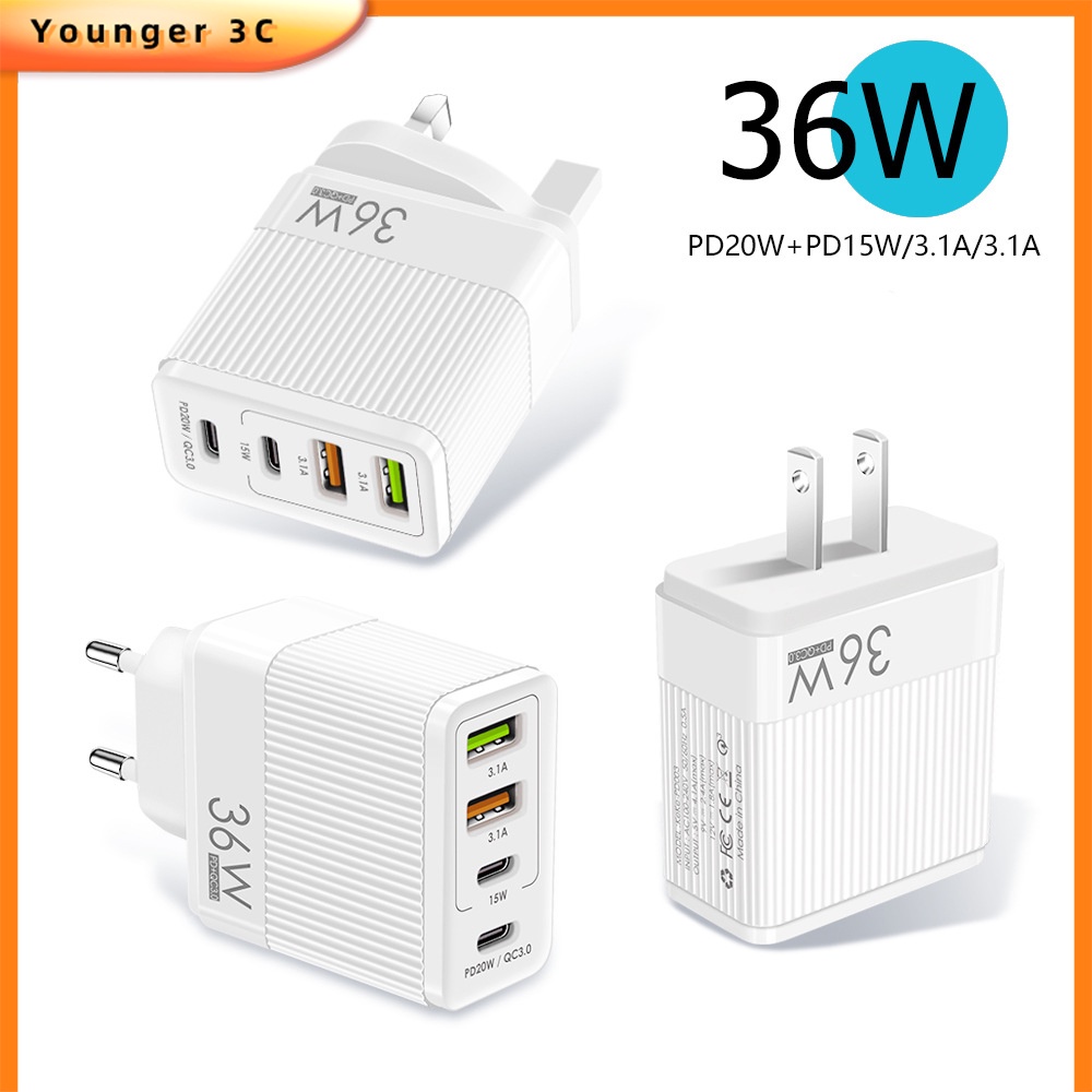 Adapter charger Handphone 2 port Usb fast charging 36W 5V4A Gaya Eropa / Amerika / Inggris + 2 port