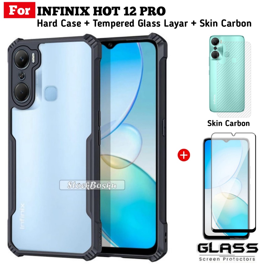 PROMO 3in1 Case Infinix Hot 12 Pro NFC Hard Case Shockproof Fusion Free Screen Guard Dan Skin Carbon Back Handphone