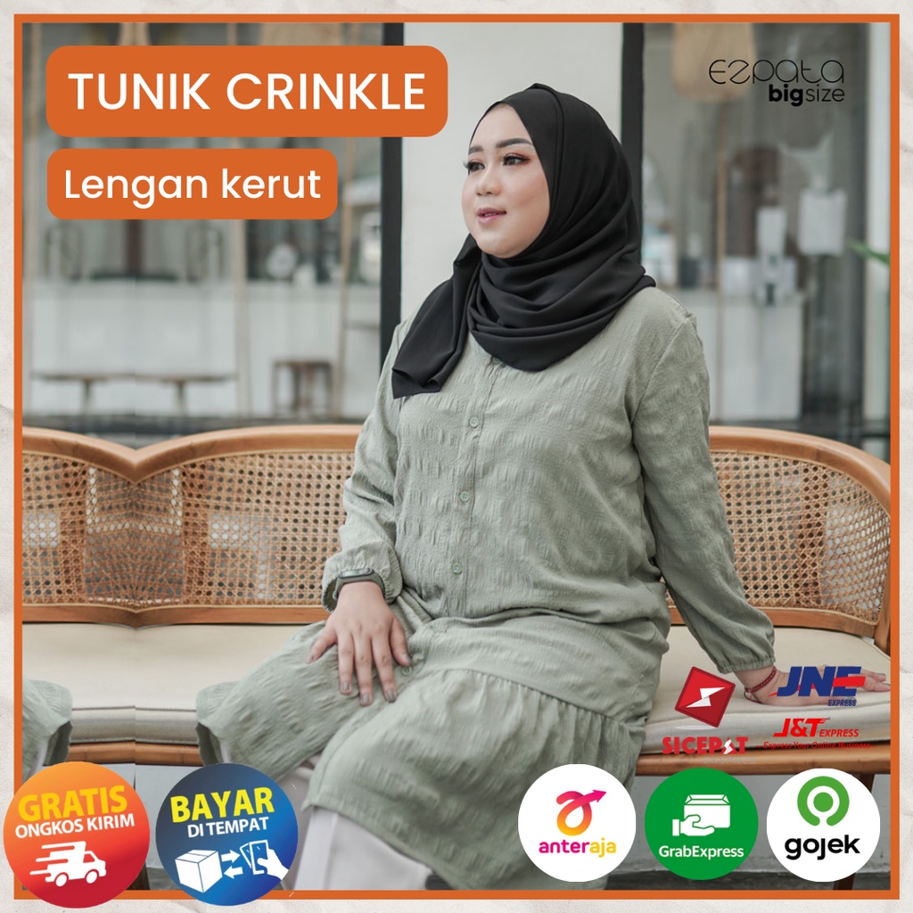 Ezpata Atasan Tunik Zarea Jumbo Crinkle Kancing Depan Busui Friendly Lengan Serut Wudhu Friendly Kekinian