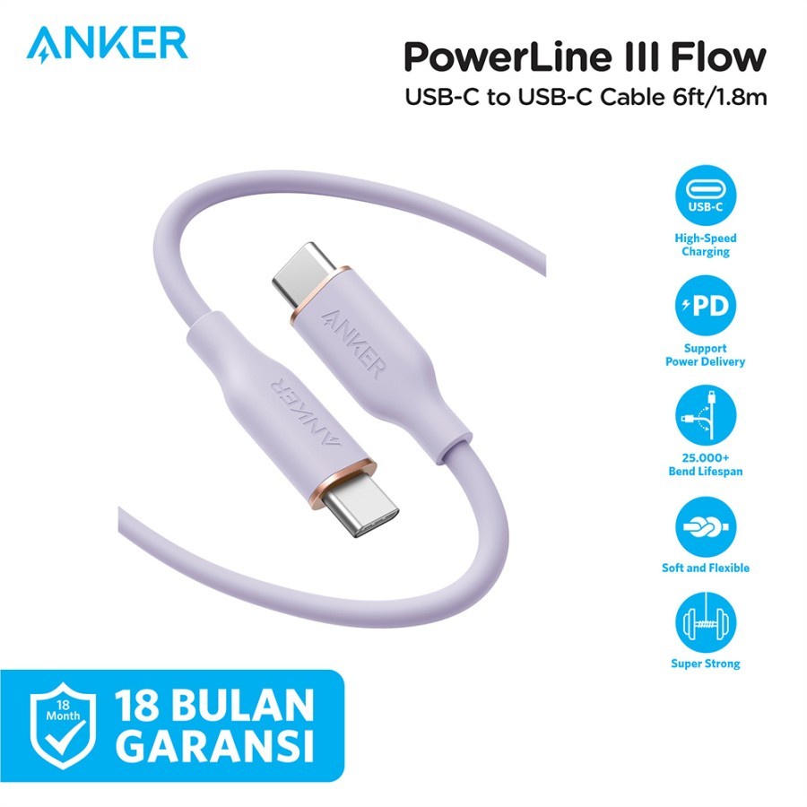 Kabel Charger Anker PowerLine III Flow USB-C to USB-C 6ft A8553